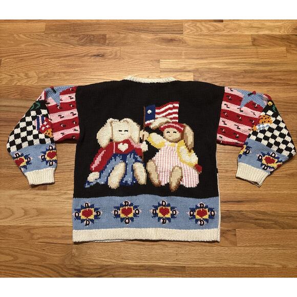 VTG Eagle Eye Americana Sweater Womens Large? Patriotic Flag Hand Knit Cardigan - Picture 2 of 11
